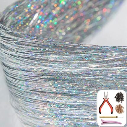 1000 Strands Tinsel Hair Extensions with Tools, Sliver Colors Fairy Tinsel Hair Extensions for Women Girls, Heat Resistant Glitter Shiny Glitter Colored Hair