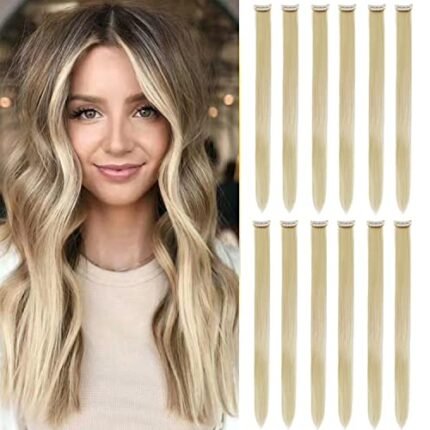 12 Pcs Colored Clip In Hair Extensions Beige Blonde hair 20 Inches Straight Hair Clip In Synthetic Hair Extensions For Women Girls Kids Gift Synthetic Hairpieces Can Be Curl(12 Pcs,Beige Blonde)