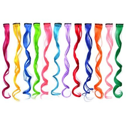 12 Pcs Colored Hair Extensions Colored Hair Clips Curly Wavy Synthetic Hairpieces Multi-colors Party Highlights Clip for Women Kids Girls (Colorful Set Curly Wavy）