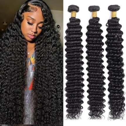 12A Deep Wave Bundles Human Hair 20 22 24Inch Brazilian Deep Wave Curly 3 Bundles Human Hair Bundles 100% Unprocessed Virgin Wet and Wavy Bundles Double Weft Deep Wave Hair Bundles Natural Black