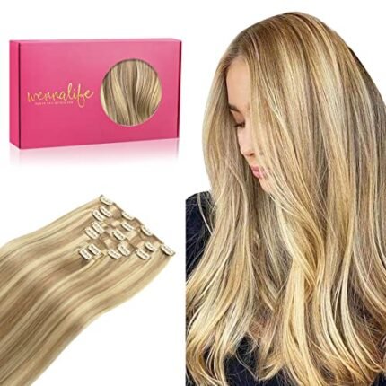 WENNALIFE Clip in Human Hair Extensions, 20 Inch 120g 7pcs Light Blonde Highlighted Golden Blonde Hair Extensions Clip In Human Hair Remy Clip in Hair Extensions Real Human Hair Double Weft