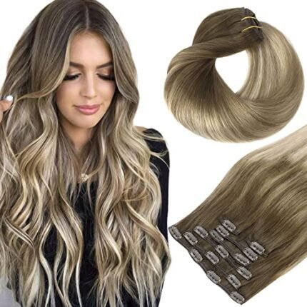 HOTBANANA Human Hair Clip in Hair Extensions, Ombre Walnut Brown to Ash Brown and Bleach Blonde 120g Clip in Hair Extensions Real Human Hair Straight Remy Hair Clip Ins 14 Inch 7pcs