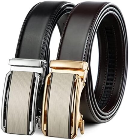 2 Pack Ratchet Belt 1 3/8", Mens leather Dress Belt in Gift Set Size 28"-62" Adjustable waist Trim to Fit