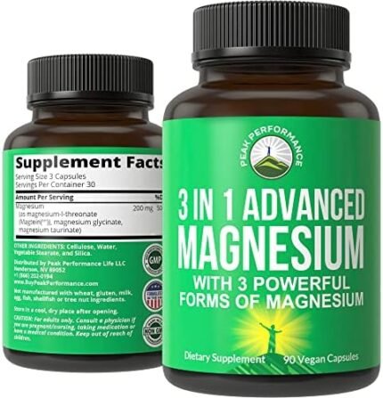 3 in 1 Advanced Magnesium Complex Vegan Capsules with Magnesium L-Threonate, Magnesium Glycinate, Magnesium Taurinate. High Absorption and Bioavailability. 3 Top Magnesiums in One Supplement 90 Pills