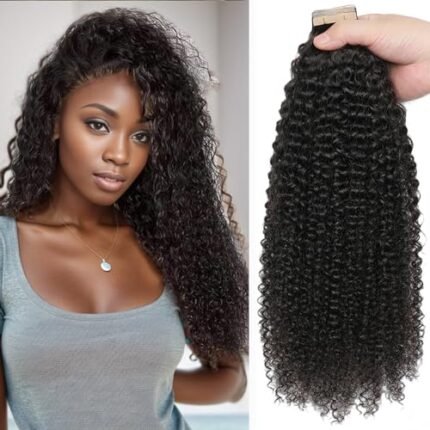 40pcs Kinky Curly Tape in Hair Extensions, Seamless Tape in Hair Extensions Human Hair Black Girl Tape Ins Human Hair Extensions Invisible Tape in Hair Extensions Real Human Hair (40pcs, 22inch)