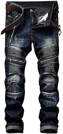 AITITIA Men's Biker Zipper Deco Washed Straight Fit Jeans