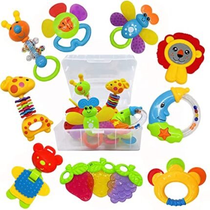 AIVIAI Baby Toys 0-6 Months Infant Toys 0-3 Months Infant Rattles Baby Rattle Teether Toy Set with Storage Box Musical rattles for Newborn Boy Girl Gifts Set with Baby's First Rattle Teether (11pcs)