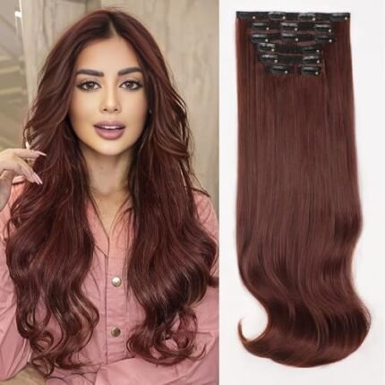 ALXNAN Clip in Hair Extension, 7PCS Hair Extension Thick Long Stright Layered Hair Extensions Dark Auburn 20 Inch Soft Lace Weft Hair Extensions for Women