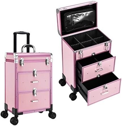 Adazzo Professional Rolling Makeup Train Case with Drawers, Large Cosmetic Trolley with Locks, Cosmetics Storage Organizer Make up Case for Travel Makeup/Nail Art/Hair Styling, Matte Pink