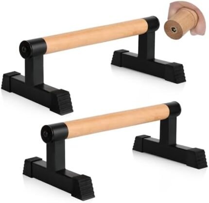 Airogym Wooden Parallettes, Wood Push Up Handles Pushup Bars, Heavy-Duty Sturdy Metal Non-Slip Base Exercise Home Workout Equipment, Parallettes Bars Grip for Strength Training, Planks Calisthenics