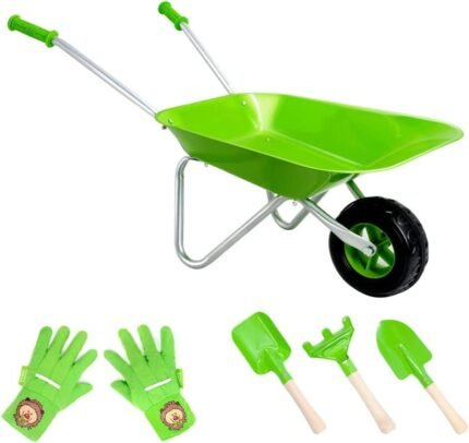 Altdorff Kids Wheelbarrow Set Metal, Child Wheel Barrel Green Easy to Assemble and Kids Gardening Tools Kit, Garden Toys with Small Wheel Barrow, Outdoor Indoor Toys Gift for Children