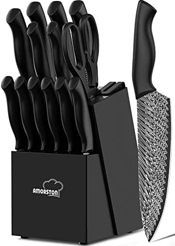 Amorston Knife Set, 15 Pieces Kitchen Knife Set with Built in Knife Sharpener Block, Dishwasher Safe, German Stainless Steel Knife Block Set