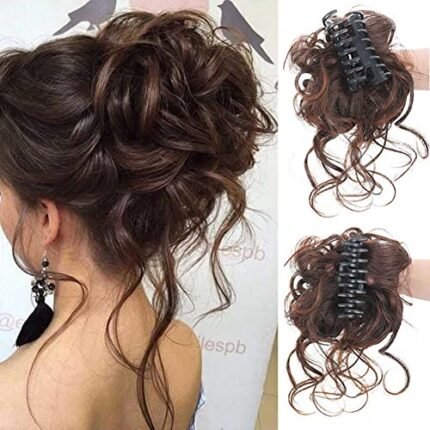 Anbuwei Claw Clip Messy Bun Hair Pieces for Women Tousled Updo Ponytail Synthetic Curly Wavy Bun Hair Extension With Hair Clips (Natural Black)