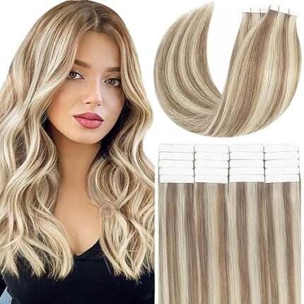 Anrosa Tape Hair Extensions Real Human Hair Silky Straight Reusable Double-Side Glam Seamless 14Inch Premium Quality Hair Remy Tape In Hair Extensions 50G 20Pcs Hair Extensions for Women Straight