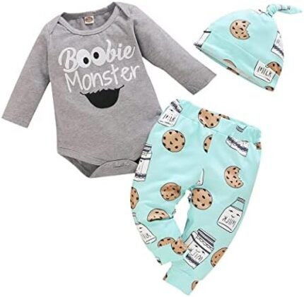 Aoswep Newborn Infant Baby Clothes Long Sleeve Romper + Pants + Hat 3PCS Outfits Set