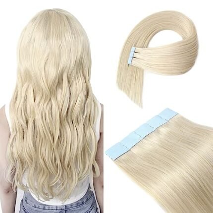 Atbering Tape in Hair Extensions Real Human Hair, Invisible Platinum Blonde Hair Extensions Tape ins for Women, Remy Tape on Hair Extensions for Straight or Wavy Hairstyle 20inch 2.5g 20pcs