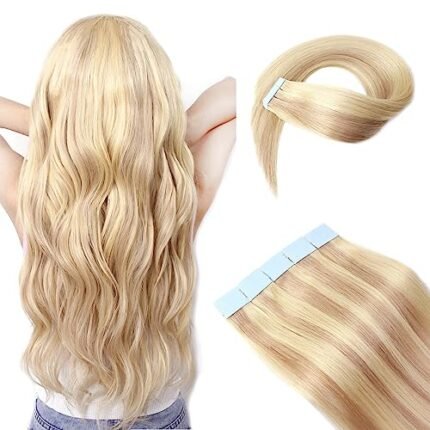 Atbering Tape in Hair Extensions, Seamless Tape in Hair Extensions Real Human Hair for Women, Thick and Natural Light Blonde Highlighted Golden Blonde Hair Extensions Tape ins 20inch 2.5g 20pcs