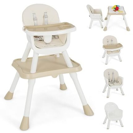 BABY JOY Baby High Chair, 6 in 1 Convertible Highchair for Babies & Toddlers, Booster Seat | Table and Chair Set | Building Block Table, Toddler Chair w/Safety Harness, Removable Double Tray (Beige)