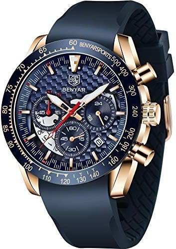 BENYAR Fashion Men's Quartz Chronograph Waterproof Silicone Watches Business Casual Sport Design Wrist Watch for Men Perfect for Father Son Black Blue Rose Gold