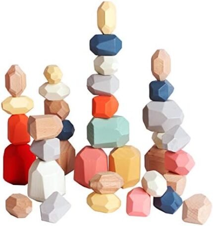 BESTAMTOY 36 PCS Wooden Sorting Stacking Rocks Stones,Sensory Toddler Toys Learning Montessori Toys, Building Blocks Game for Kids 1 2 3 4 5 6 Years Boy and Girl Birthday Gifts for Kids