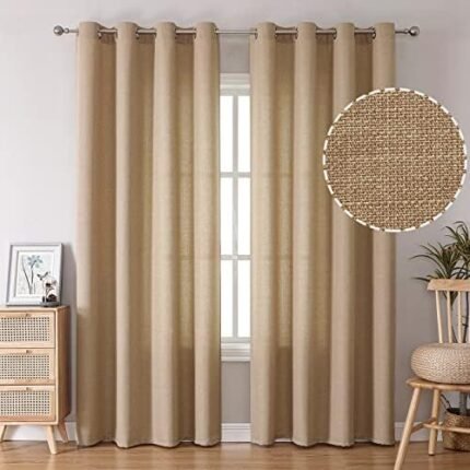 BGment Faux Linen Curtains for Living Room 84 Inch Length 2 Panels Set, Burlap Textured Curtains Light Filtering Privacy Window Curtain Drapes with Grommet, 52 Inch Wide Each Panel, Tan