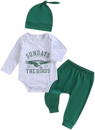 BULINGNA 3Pcs Infant Baby Boy Football Outfit Sundays are for the Birds Eagles Romper Bodysuit Pants with Hat Fall Clothes