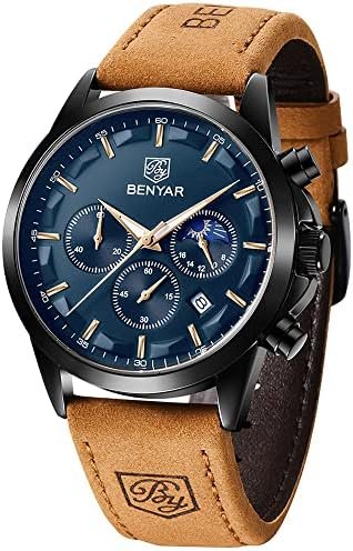 BY BENYAR Men's Watches Waterproof Sport Military Watch for Men Multifunction Chronograph Black Fashion Quartz Wristwatches Calendar with Leather Strap/Stainless Steel