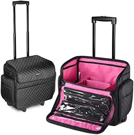 BYOOTIQUE Diamond Pattern Rolling Makeup Case Lightweight Cosmetic Bag Trolley Travel Storage Organizer with Removable Dividers Side Pocket