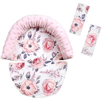 Baby Carseat Headrest, Minky Baby Head Support Girls, Floral Infant Car Seat Insert, Newborn Cushion for Strollers, Pink Flower