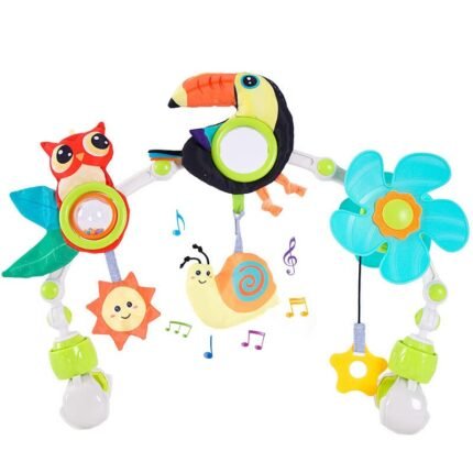 Baby Travel Play Arch, Adjustable Musical Animal Toys Bar with Universal Clamps, Infant Mobile for Bassinet Stroller Crib Pram Car Seat with Rattles Owl Music Box Snail Toucan Windmill