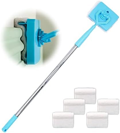 Baseboard Cleaner Tool with Handle 5 Reusable Cleaning Pads by No-Bending Mop Baseboard Cleaner Tool Long Handle Adjustable Baseboard Molding Tool for Bathroom Microfiber Cleaning