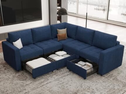 Belffin Modular Sectional Sofa L-Shaped Couch with Put Out Drawer Storage Seats Reversible Corner Convertible Sectional Sofa Couch with Chaise Navy Blue