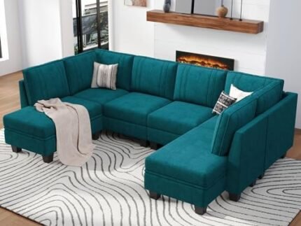 Belffin U Shaped Sofa with Double Chaise Velvet Sectional Couch with Storage Chaise 4-Seater Sofa Couch Convertible Sofa Peacock Blue