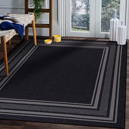 Beverly Rug Modern Bordered 8X10 Area Rug for Living Room, Dining Room Rug, Bedroom Carpet, Indoor Non Skid Rubber Backed Area Rugs, Black