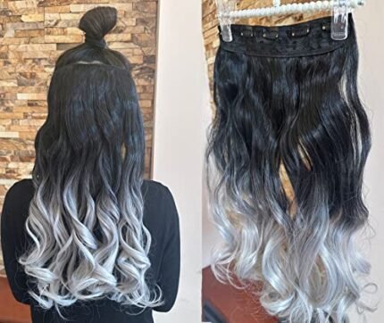 Black Wavy Clip in Hair Extensions 20" Long Thick One Piece Gray Ombre Curly Hairpiece for Women Girl (20 inch wavy, Black to gray)