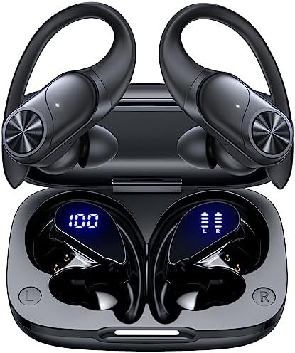 Bluetooth Headphones Wireless Earbuds 80hrs Playtime Wireless Charging Case Digital Display Sports Ear buds with Earhook Premium Deep Bass IPX7 Waterproof Over-Ear Earphones for TV Phone Laptop Black