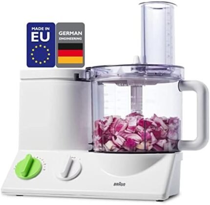 Braun FP3020 12 Cup Food Processor Ultra Quiet Powerful motor, includes 7 Attachment Blades + Chopper and Citrus Juicer , Made in Europe with German Engineering, White