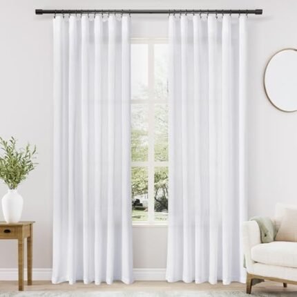 Bright White Curtains 84 inches Long 2 Panels for Bedroom Back Tab Loop Pocket Lightweight Semi Sheer White Curtains Aesthetic Contemporary Living Room Boho Farmhouse Decor 52" W x 84" L Pure White