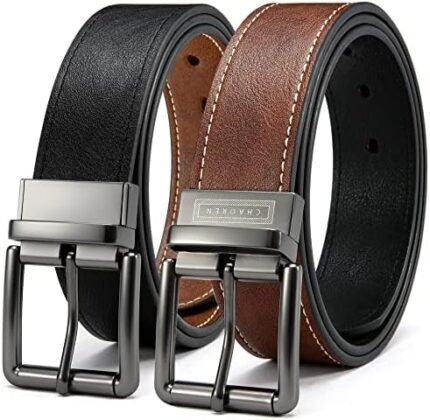 CHAOREN Men's Reversible Casual Belt - 2-in-1 Black & Brown, 1 1/2" Width for Jeans - Effortless Rotating Buckle