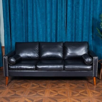 CONSDAN Leather Couch, 77-1/4" Sofa with Soft High-Resilience Cushion, Black Sofa with Nailhead Trim, Black