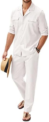 COOFANDY Men's 2 Pieces Cotton Linen Set Button Down Shirt Long Sleeve Casual Beach Pants Summer Yoga Outfits