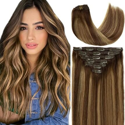 Caliee Real Hair Extension Clip in Human Hair Extensions for Full Head R4-4/27 Balayage Natural Straight Hair Extensions for Women 16inch 120g 7Pcs