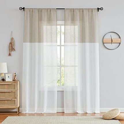 Central Park Tan and White Stripe Sheer Color Block Window Curtain Panel Pairs Linen Drape Treatment for Bedroom Living Room Farmhouse 95 inches Long with Rod Pocket,2 Panel Rustic Living Panels