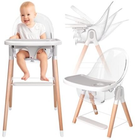 Children of Design 6 in 1 Deluxe Wooden High Chair for Babies & Toddlers, Modern Safe & Compact Baby Highchair, Easy to Clean, Removable Tray, Easy to Assemble, 6 Options 3 Seat Positions 2 Heights