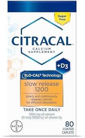 Citracal Slow Release 1200, 1200 mg Calcium Citrate and Calcium Carbonate Blend with 1000 IU Vitamin D3, Bone Health Supplement for Adults, Once Daily Caplets, 80 Count