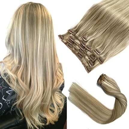 Clip in Hair Extensions Human Hair Clip in Extensions, Dirty Blonde Balayage Blonde Highlights Real Hair Extensions Clip in Human Hair,15 Inch Double Weft 7 Pcs 70G Remy Clip in Hair Extensions