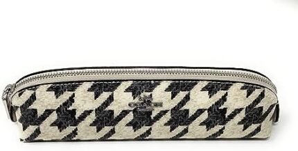 Coach Womens Pencil Case In Signature Canvas Leather (Silver/Cream/Black With Houndstooth Print)