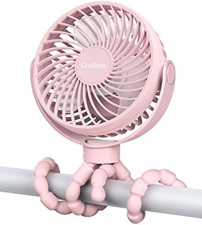 Coohea Stroller Fan Clip on Baby Fan Battery Car Seat Fan USB Rechargeable Small Portable Fan, Flexible Tripod for Crib Treadmill Golf Cart Bike Trip Beach Camping, 360°Rotatable, 3 Wind Speed, Pink