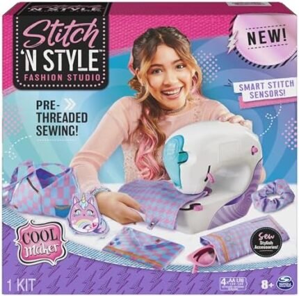 Cool Maker, Stitch ‘N Style Fashion Studio, Pre-Threaded Sewing Machine Toy, Fabric & Water Transfer Prints, Arts & Crafts for Kids