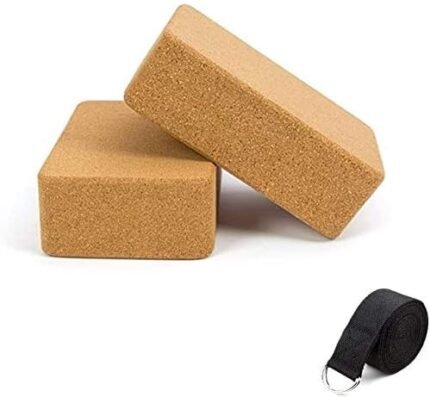 Cork Yoga Blocks, 2 Pack, with 1 Yoga Strap, High Density Solid Natural Cork Yoga Brick with Comfortable Edge to Improve Balance, Strength and Flexibility